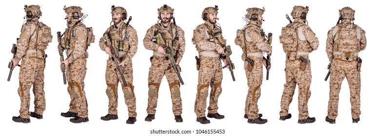 Set Image Of American Soldier With Rifle On White Background . Army, Military And People Concept