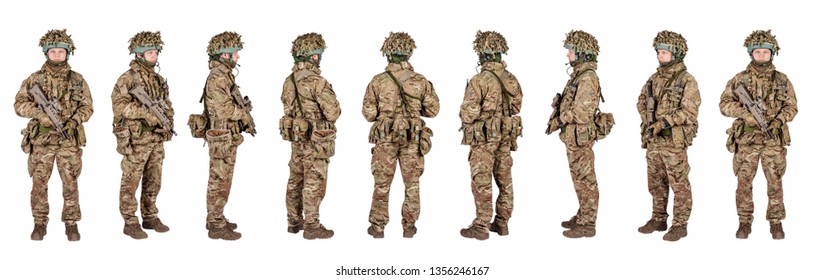 Set Image Of Modern British Soldier With Rifle On White Background . Army, Military And People Concept