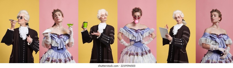Set of images of actors and actress in image of medieval royalty persons from famous artworks in vintage clothes on dark background. Concept of comparison of eras, renaissance, baroque style.