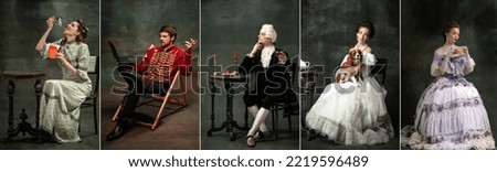Set of images of actors and actress in image of medieval royalty persons from famous artworks in vintage clothes on dark background. Concept of comparison of eras, renaissance, baroque style.