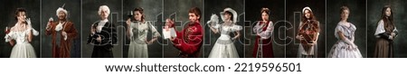 Set of images of actors and actress in image of medieval royalty persons from famous artworks in vintage clothes on dark background. Concept of comparison of eras, renaissance, baroque style. Flyer