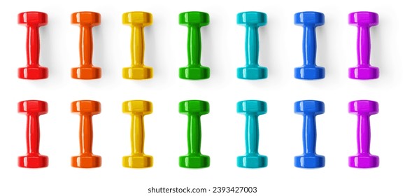 Set of images of dumbbells of different colors with and without shadows isolated on a white background. View from above. - Shutterstock ID 2393427003