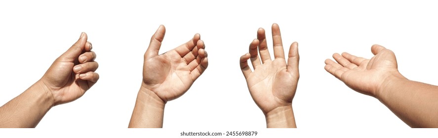 Set of images of hands making gestures of holding something, such as holding a business card, credit card, holding a phone or a bottle of water.  and empty hands isolated on white background.