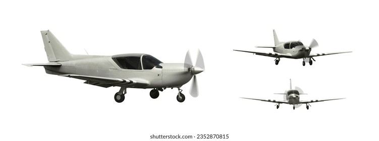 Set of images of light aerobatic aircraft with piston engine with rotating propeller from different angles racurces. Isolated of white background  - Powered by Shutterstock