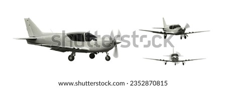 Set of images of light aerobatic aircraft with piston engine with rotating propeller from different angles racurces. Isolated of white background 