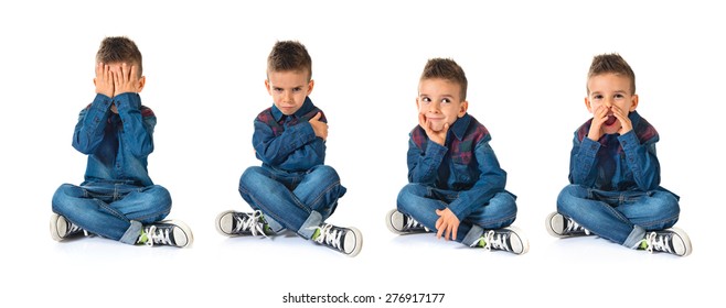 Set Images Of Sad Kid Over White Background