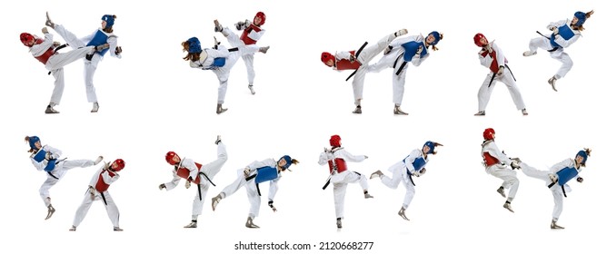 Set of images of two sportive girls, professional taekwondo athletes wearing doboks and sports uniforms practicing isolated on white background. Concept of contact sport, Collage