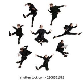 Set Of Images Of Young Man, Male Office Worker Wearing Black Suit Jumping, Dancing And Meditates With Folders, Coffee, Tablet On White Background. Business, Start-up, Open-space, Motion, Action.