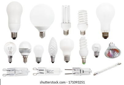 set of incandescent, compact fluorescent, halogen, LED light bulbs isolated on white background