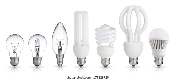 set of incandescent, halogen, compact fluorescent, LED light bulbs isolated on white background