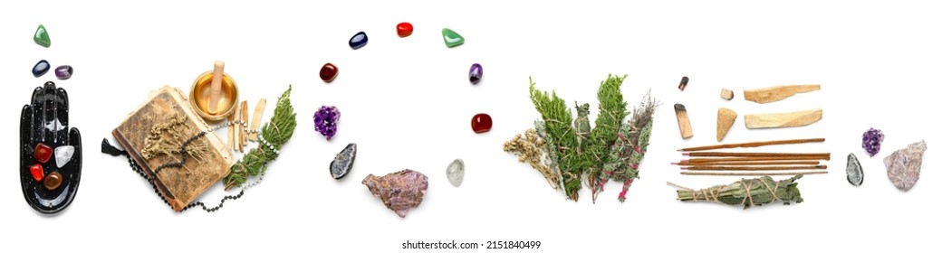 Set Of Incenses, Minerals And Herbs For Aura Cleansing On White Background, Top View