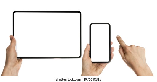 Set with index finger, smartphone and digital tablet in woman hands on white isolated background. Free space for text. Mockup - Shutterstock ID 1971630815