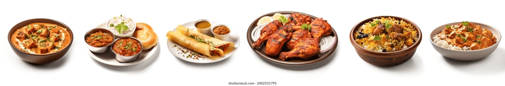 Set of  Indian foods. Paneer masala, Pav bhaji, Masala dosa, Tandoori  chicken, Biryani, Butter chicken with white rice isolated on white background. - Powered by Shutterstock