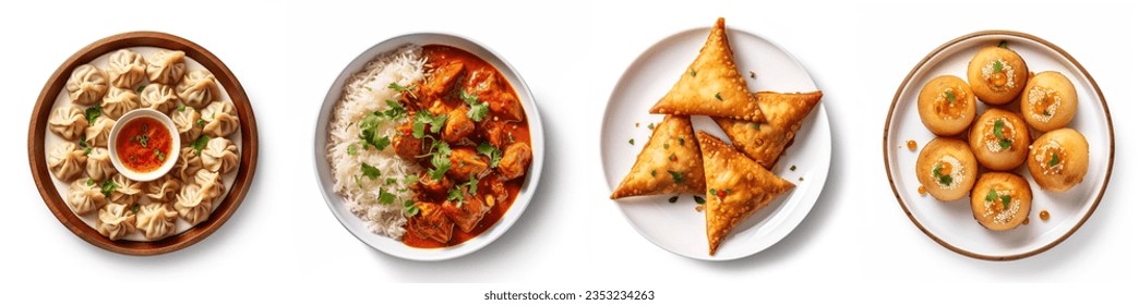 Set of Indian foods, top view, isolated on white background. momos, butter chicken curry and rice. samosas, pani puri on plate. Asian food set collection top view. Indian and Pakistani food collection
