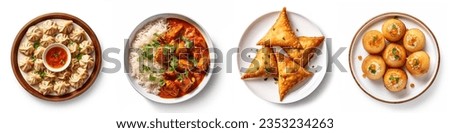 Set of Indian foods, top view, isolated on white background. momos, butter chicken curry and rice. samosas, pani puri on plate. Asian food set collection top view. Indian and Pakistani food collection