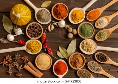 Set of Indian spices on wooden table - Top view