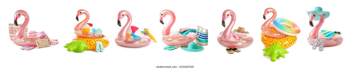 Set of inflatable ring in shape of flamingo and beach accessories isolated on white - Shutterstock ID 2141467635