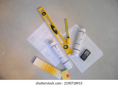 Set Of Interior Designer Tools. Drawings, Ruler, Measuring Tape, Color Palette, Spline Line. Renovation In New Apartment