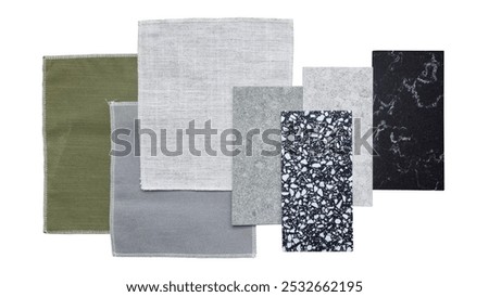 set of interior material samples for modern luxury decoration style contains palette of curtain fabric draperies and artificial stones or quartz isolated on background with clipping path.
