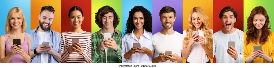 Set Of International Men And Women With Smartphones Posing On Different Colorful Studio Backgrounds, Panorama. Creative Collage Of Portraits, People Using Phones