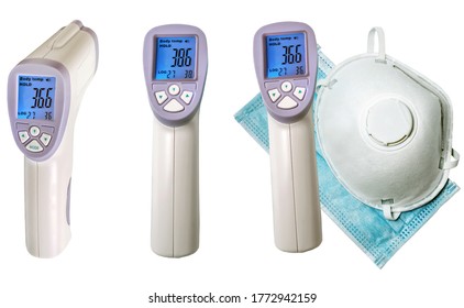 Set Ir Digital Infrared Thermometer Check Body Temperature Thermo Scan Isolated On White Background