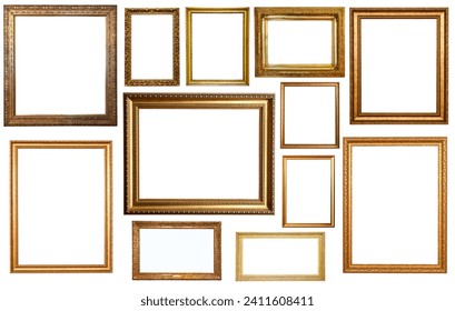 Set of isolated art empty frames in golden and silvery color
