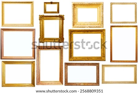 Set of isolated art empty frames in golden and silvery color