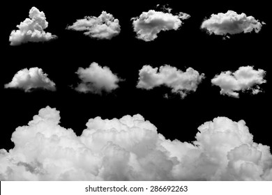 Set Of Isolated Clouds On Black Background.