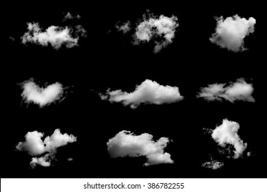 Set Of Isolated Clouds On Black Background.