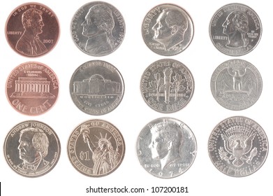 Set of isolated coins from American currency including front and back views