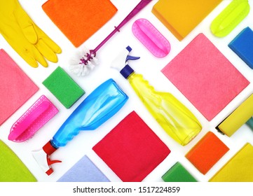 Set of Isolated tools for cleaning houses and offices on a white background. Dirt and dust products for housework. Chemistry, sprayers and fabric materials