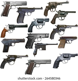 Set of isolated vintage personal firearms of XX century on white