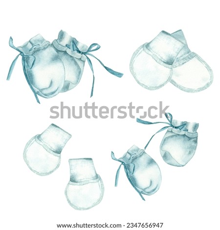 A set of isolated watercolor illustrations of blue and white mittens and booties with blue ribbons for a newborn. Watercolor. suitable for postcards, posters, printing, children's textiles, packaging
