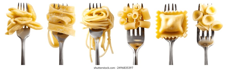 Set of Italian pasta on twirled stainless steel fork, Cavatelli, Pappardelle, Spaghetti, Ditalini, Ravioli, Orecchiette isolated. Many different Mockup template for design - Powered by Shutterstock