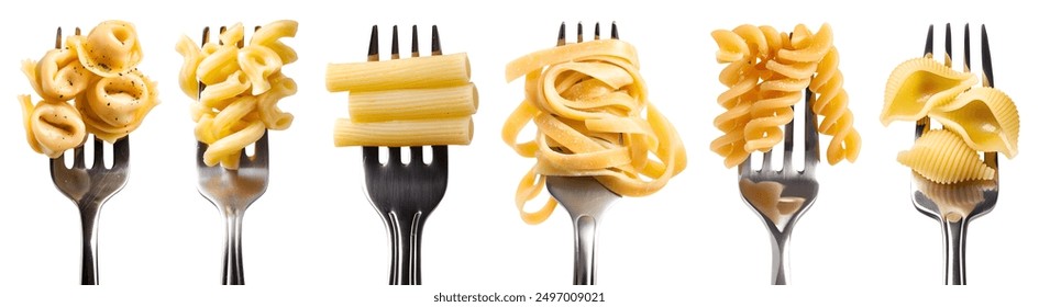 Set of Italian pasta on twirled stainless steel fork, Tortellini, tortelli, Macaroni, Rigatoni, Fettuccine, Fusilli, Conchigli isolated. Many different Mockup template for design - Powered by Shutterstock