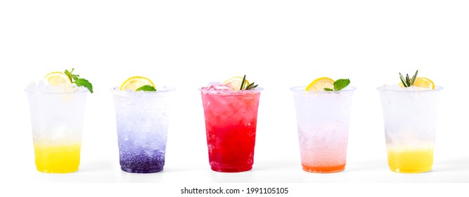 Set of italian soda fruit drink mix with soda. Lemon, blueberry, strawberry, peach and Yuzu orange soda. cocktail summer refreshment drink isolate on white background. - Shutterstock ID 1991105105