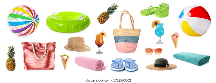 Set of items needed in summer vacation on white background. Banner design - Shutterstock ID 1722543802