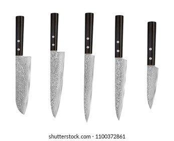 Set of Japanese steel kitchen knives damascus, isolated on white background with clipping path. Chef knife.
