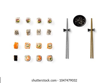 Set Of Japanese Sushi Isolated On White Backgound. Top View