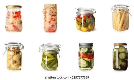 Set Of Jars With Canned Vegetables On White Background