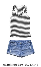 Set Of Jean Shorts And Striped Tank Top Isolated Over White