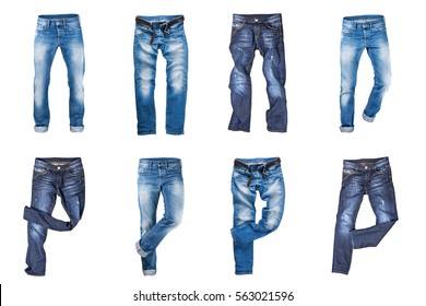 Set of jeans trousers isolated over white background