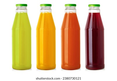 Set of  juice glass bottles isolated on white background with creen lids - Powered by Shutterstock