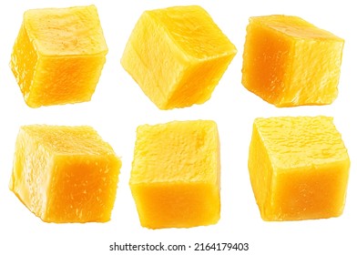 Set of juicy mango cubes on white background. File contains clipping paths.