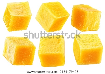 Set of juicy mango cubes on white background. File contains clipping paths.