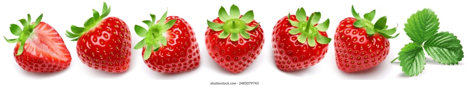 A set of juicy ripe strawberries of six berries, one of which is cut, and one leaf, isolated on a white background.