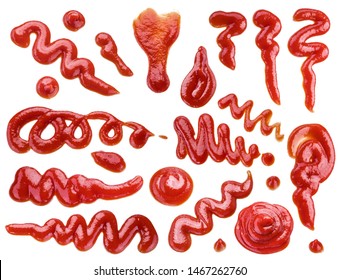 Set of ketchup puddles and ketchup splashes isolated on white background.
