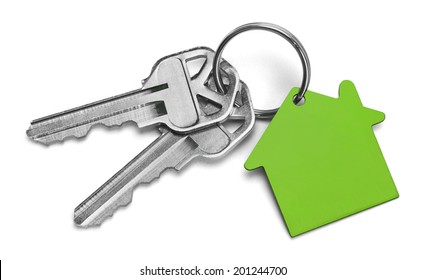 Set Of Keys With Green House Isolated On White Background.