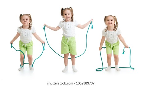 Set of kid girl jumping with rope isolated on white