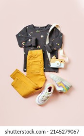 Set Of Kids Clothes And Accessories. Childrens Jumper With Trousers And Sneakers. Fashion Baby Outfit For Spring, Autumn Or Summer.